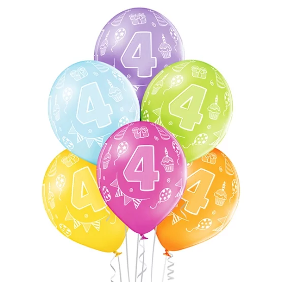 6 Ballone assortiert Zahl 4 27.5cm