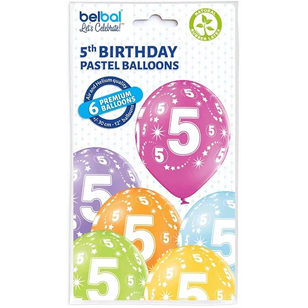6 balloons assorted number 5 27.5cm